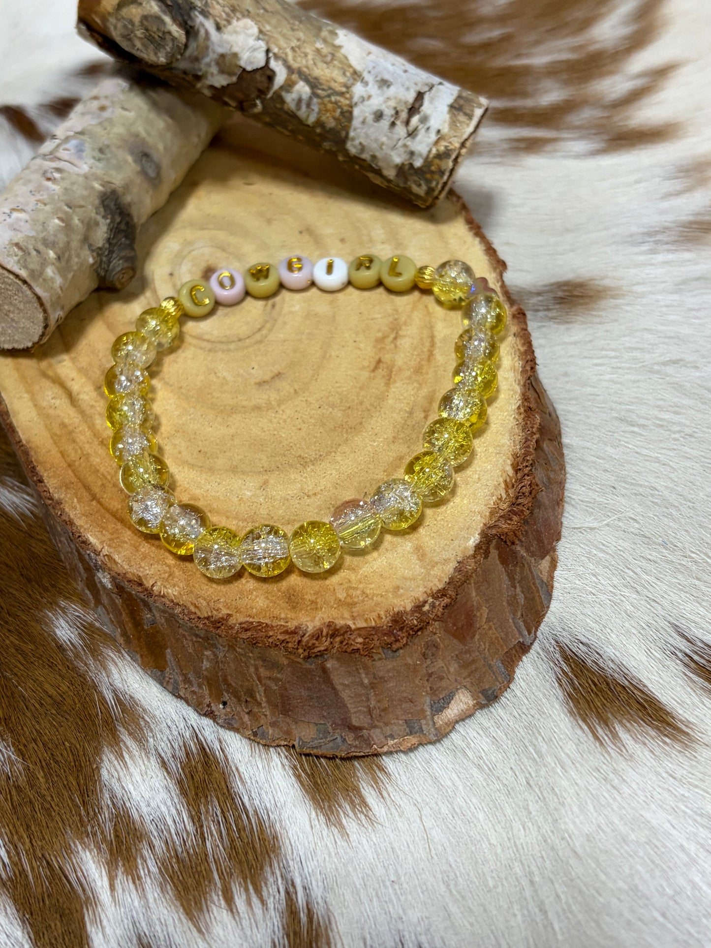 Yellow Clear Glass Beaded Stretch Western Bracelet Cowgirl Lettering