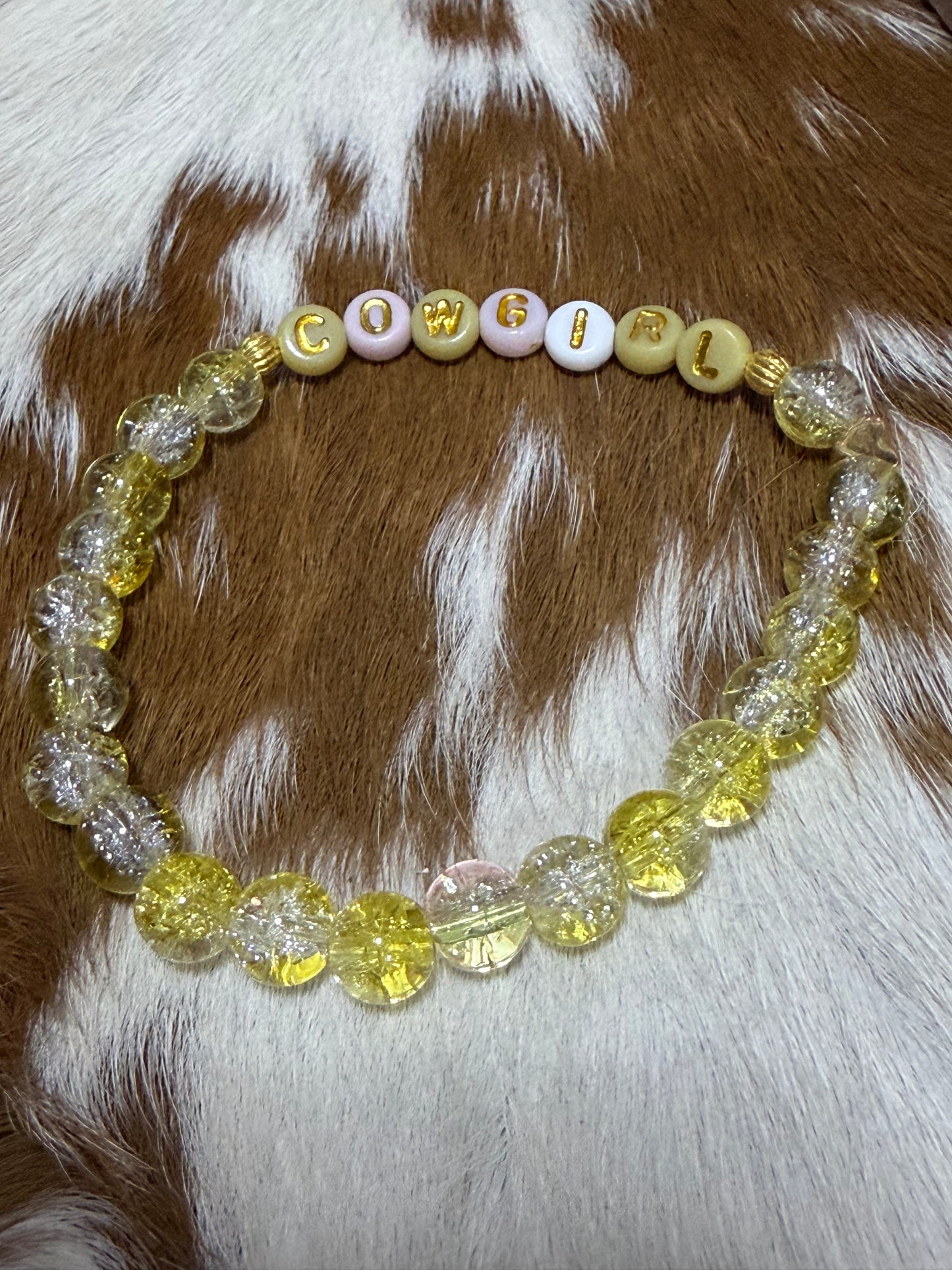 Yellow Clear Glass Beaded Stretch Western Bracelet Cowgirl Lettering