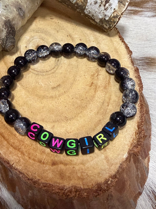 Black Silver Glass Stretch Beaded Bracelet Cowgirl Lettering