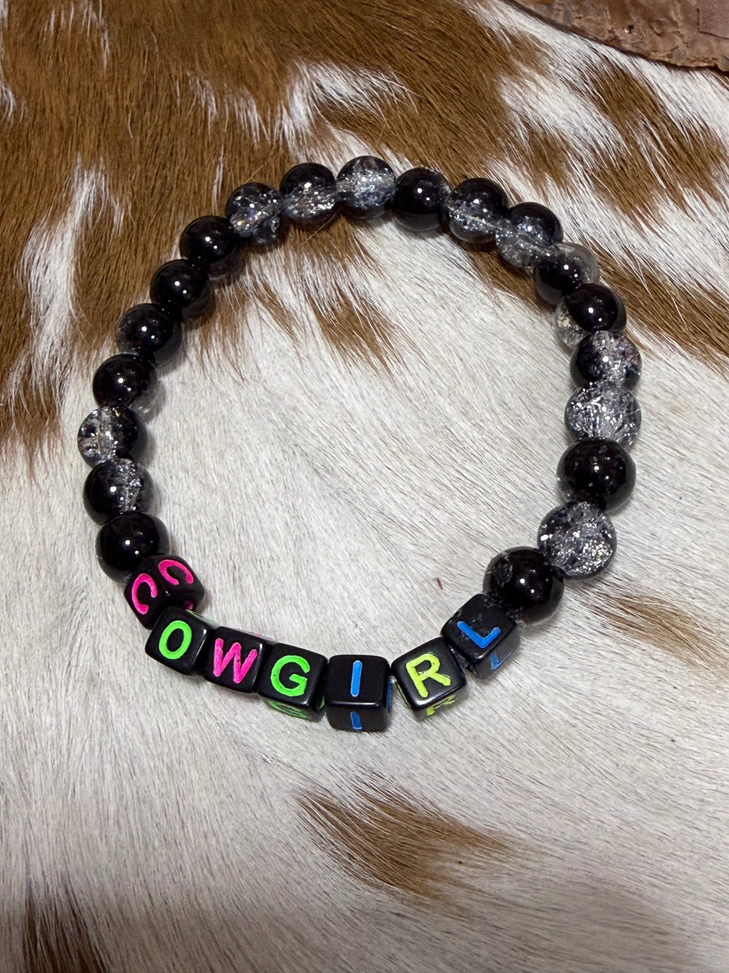 Black Silver Glass Stretch Beaded Bracelet Cowgirl Lettering