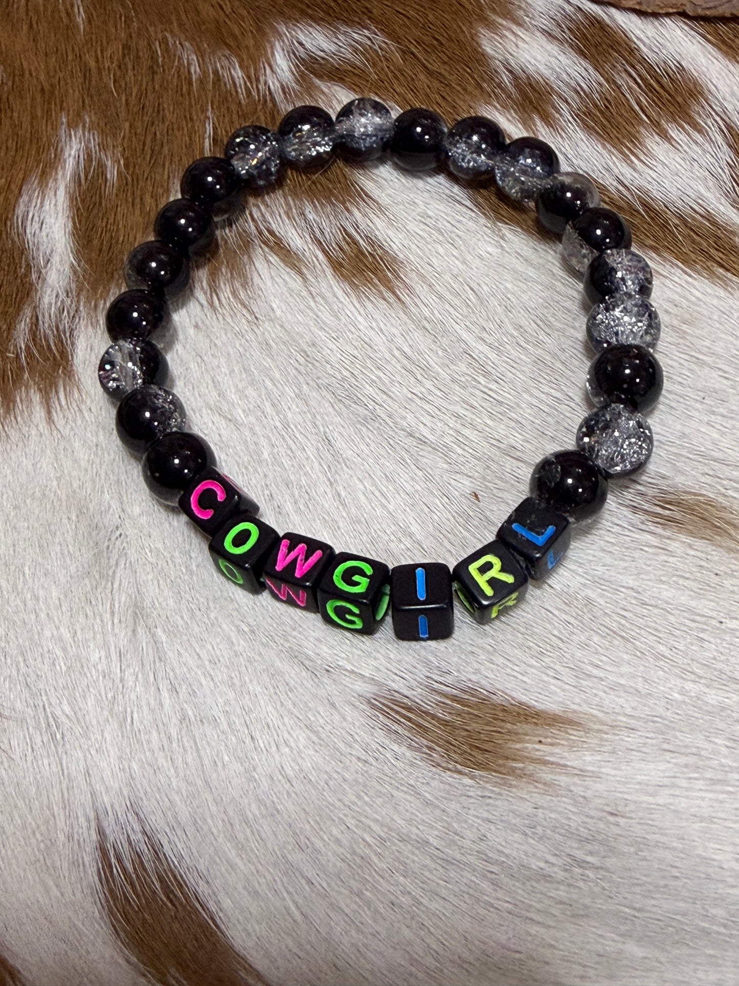 Black Silver Glass Stretch Beaded Bracelet Cowgirl Lettering