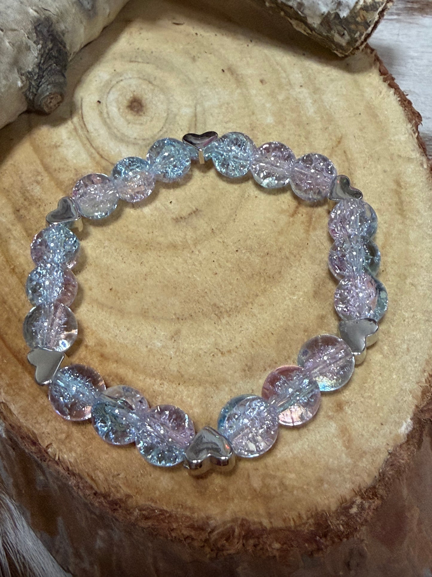 Glass Bead Stretch Beaded Bracelet Pastel Blue Purple Heart Charms