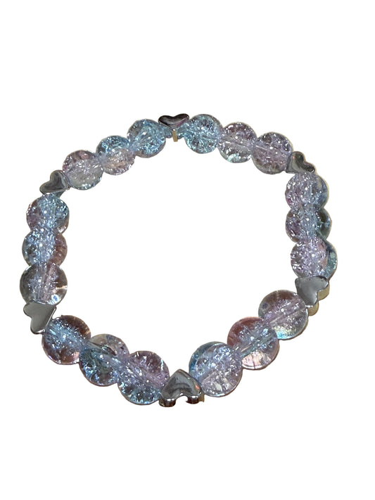 Glass Bead Stretch Beaded Bracelet Pastel Blue Purple Heart Charms