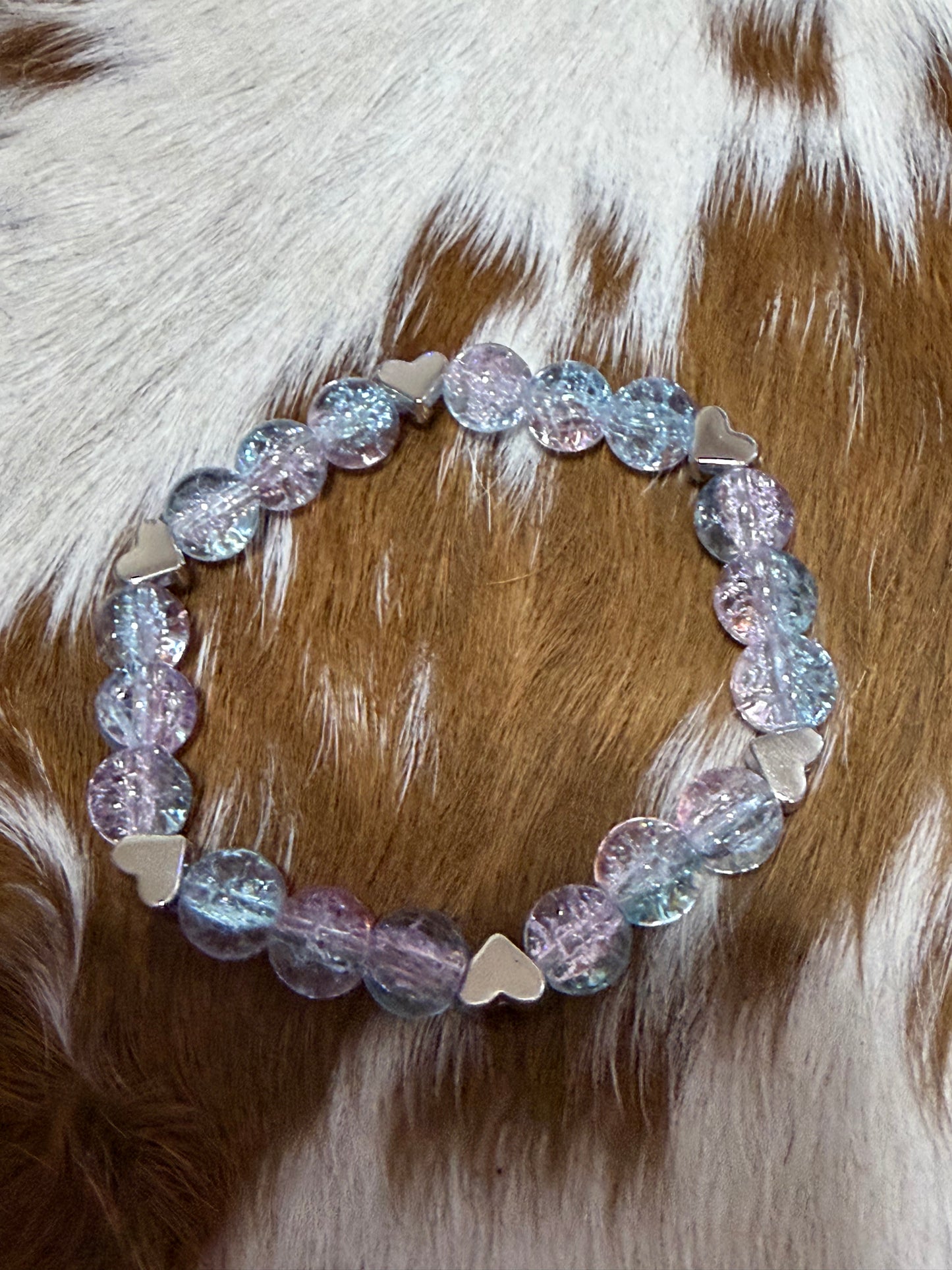 Glass Bead Stretch Beaded Bracelet Pastel Blue Purple Heart Charms