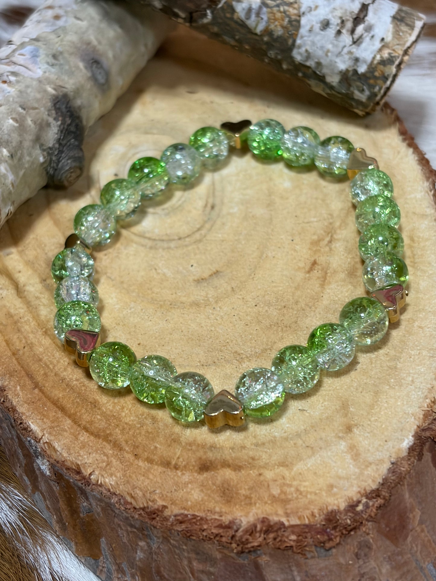 Light Green White Glass Beads Gold Heart Charms Stretch Bracelet