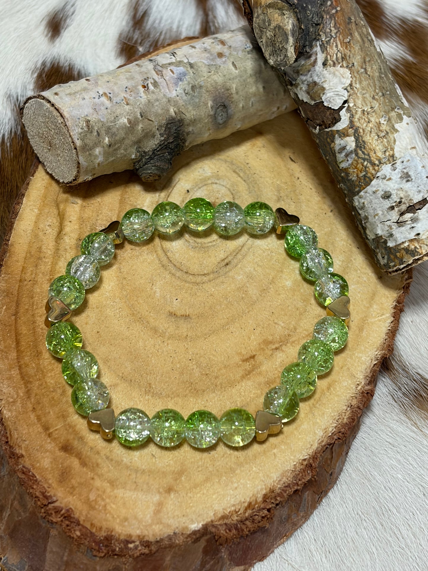 Light Green White Glass Beads Gold Heart Charms Stretch Bracelet