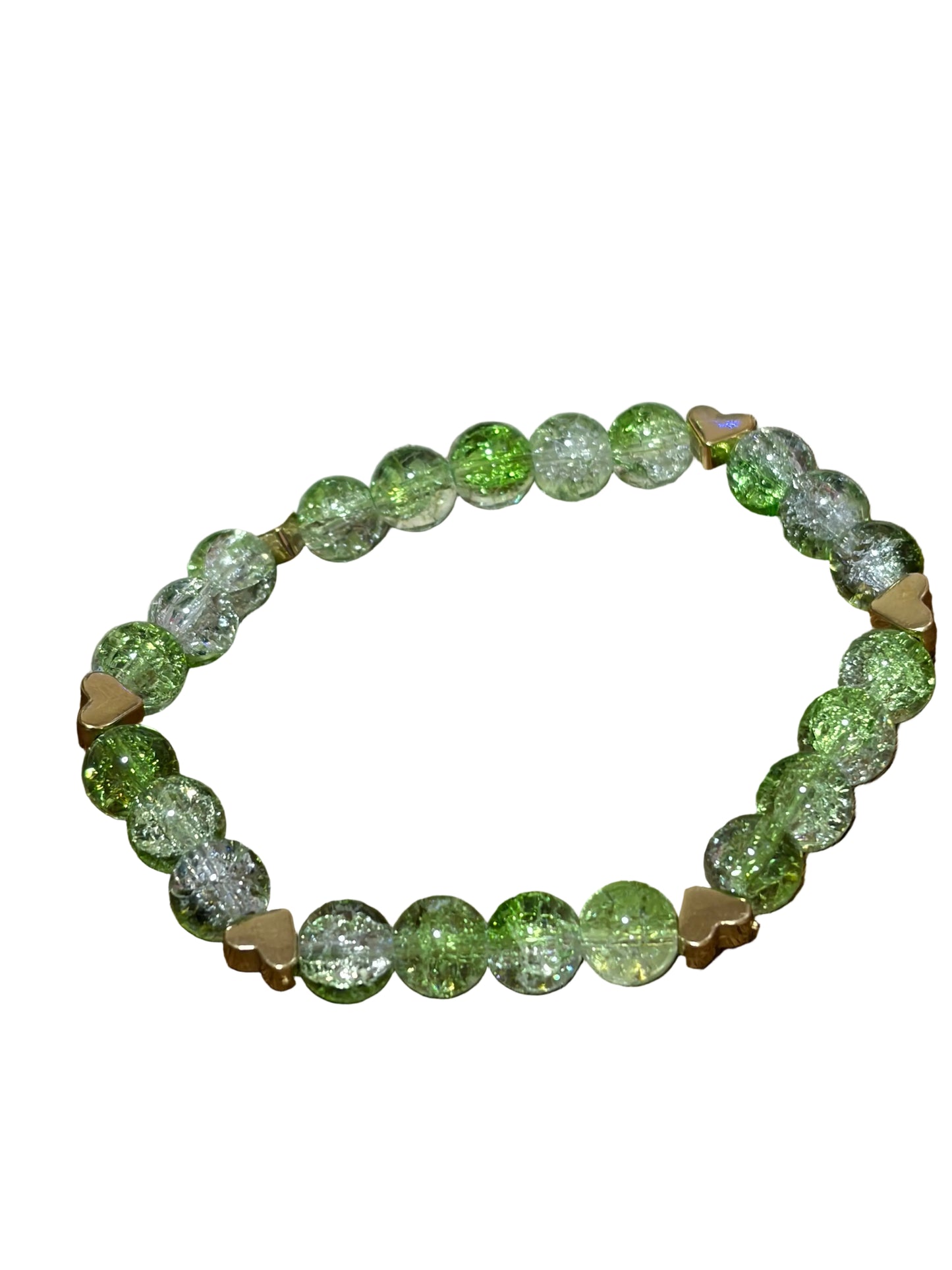 Light Green White Glass Beads Gold Heart Charms Stretch Bracelet