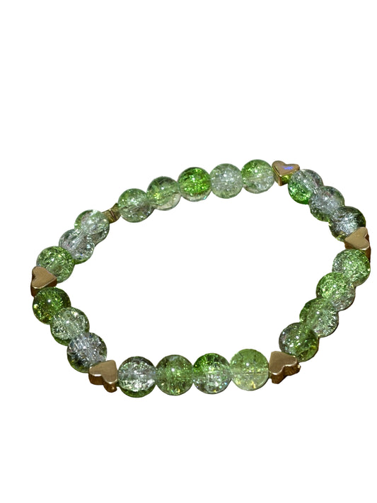 Light Green White Glass Beads Gold Heart Charms Stretch Bracelet