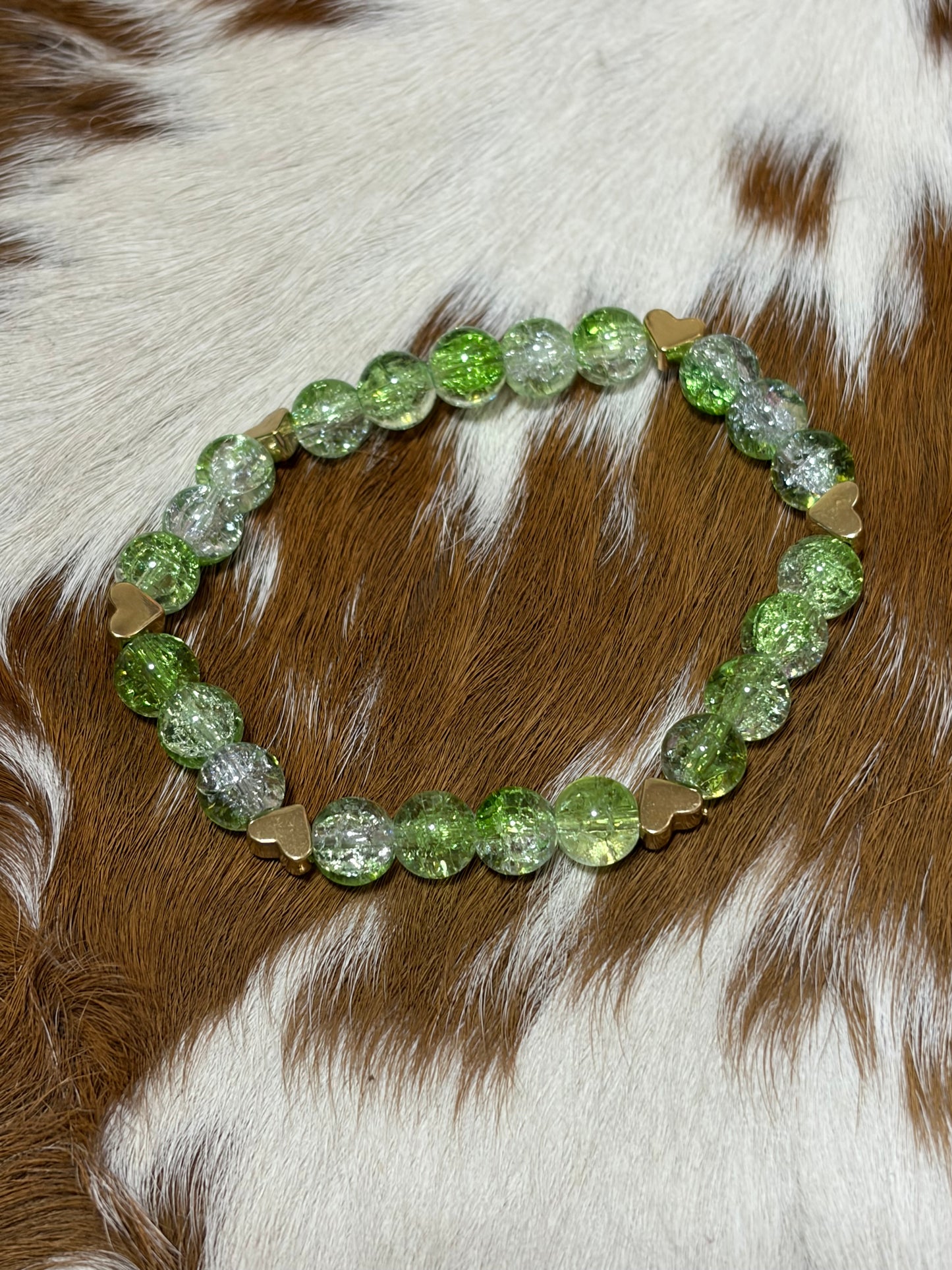 Light Green White Glass Beads Gold Heart Charms Stretch Bracelet