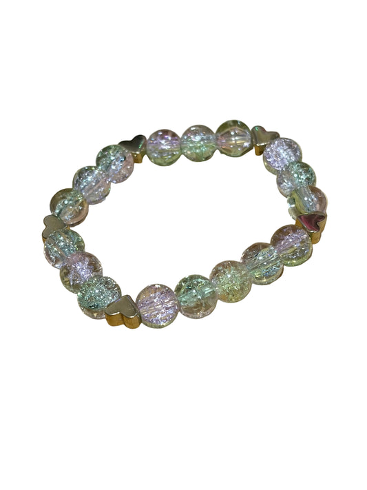 Little Girls Glass Stretch Bracelet Gold Hearts Charm
