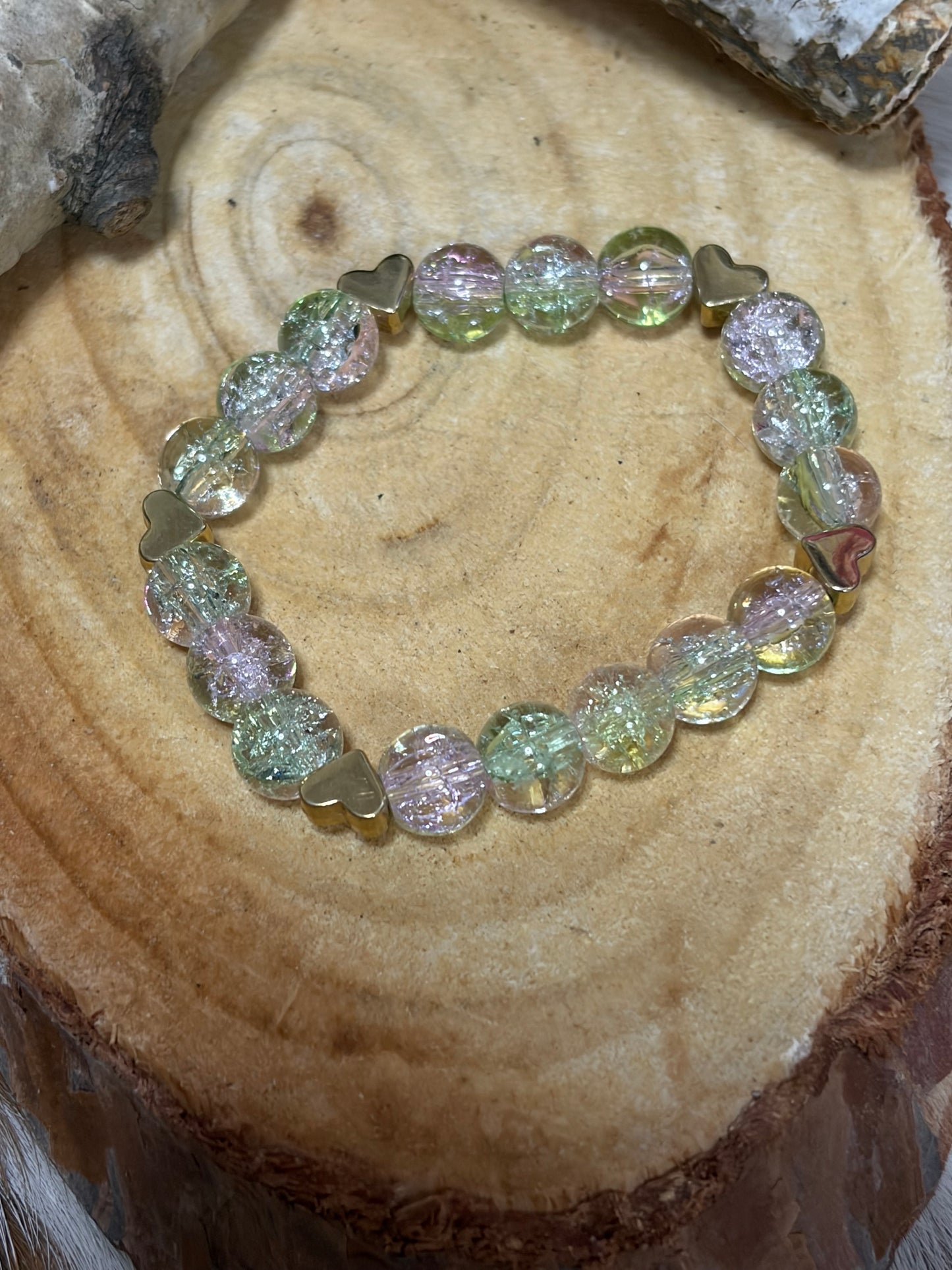 Little Girls Glass Stretch Bracelet Gold Hearts Charm
