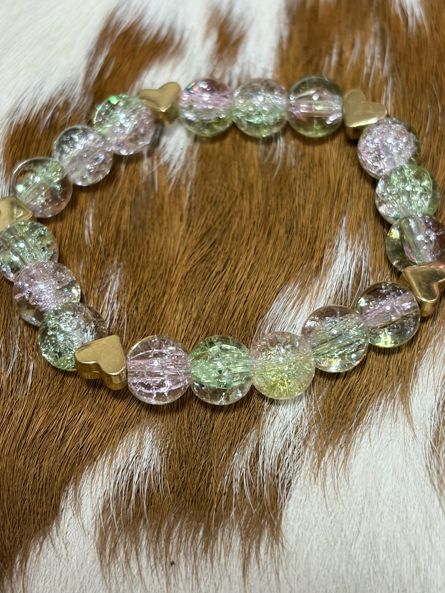 Little Girls Glass Stretch Bracelet Gold Hearts Charm