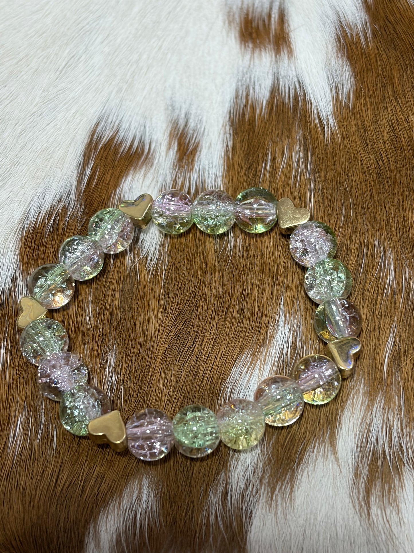 Little Girls Glass Stretch Bracelet Gold Hearts Charm