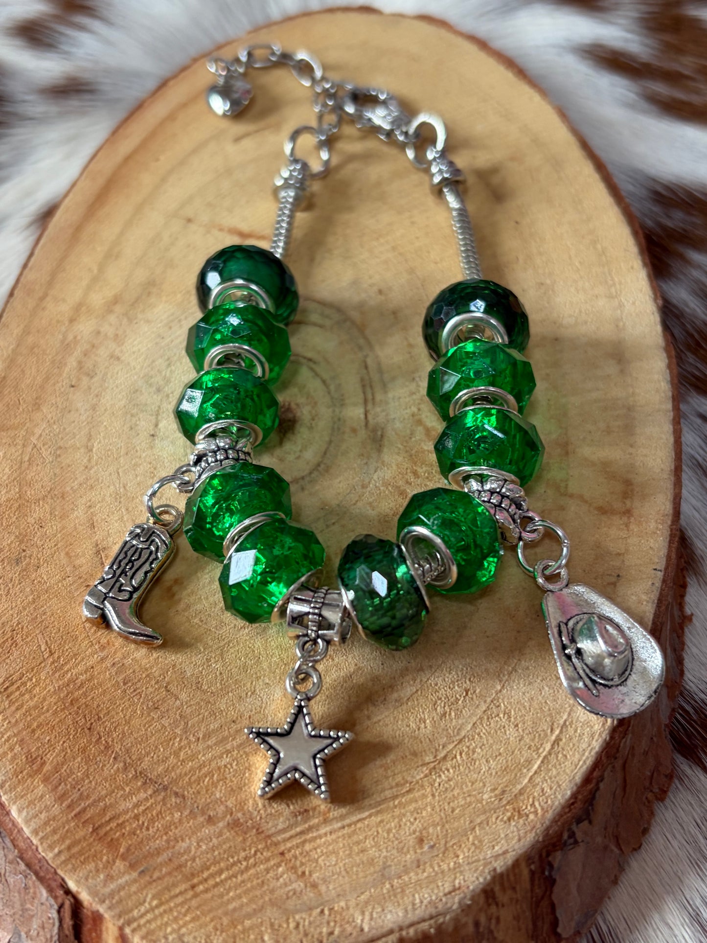 Western 1pc Adjustable Snake Bone Chain Green Beads Cowboy Boot Star Cowboy Hat Bracelet