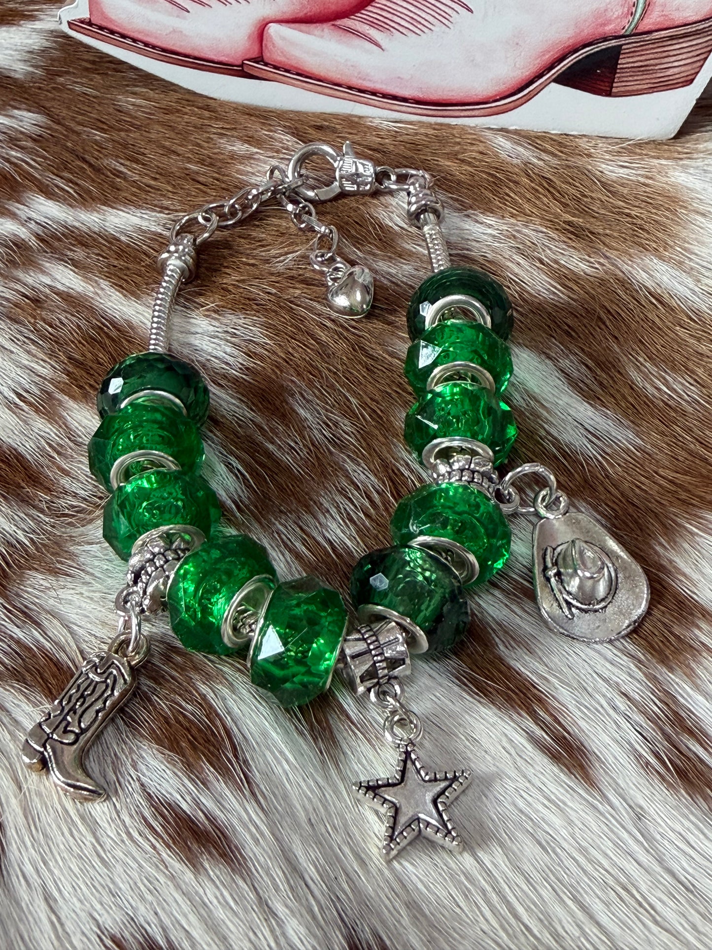Western 1pc Adjustable Snake Bone Chain Green Beads Cowboy Boot Star Cowboy Hat Bracelet