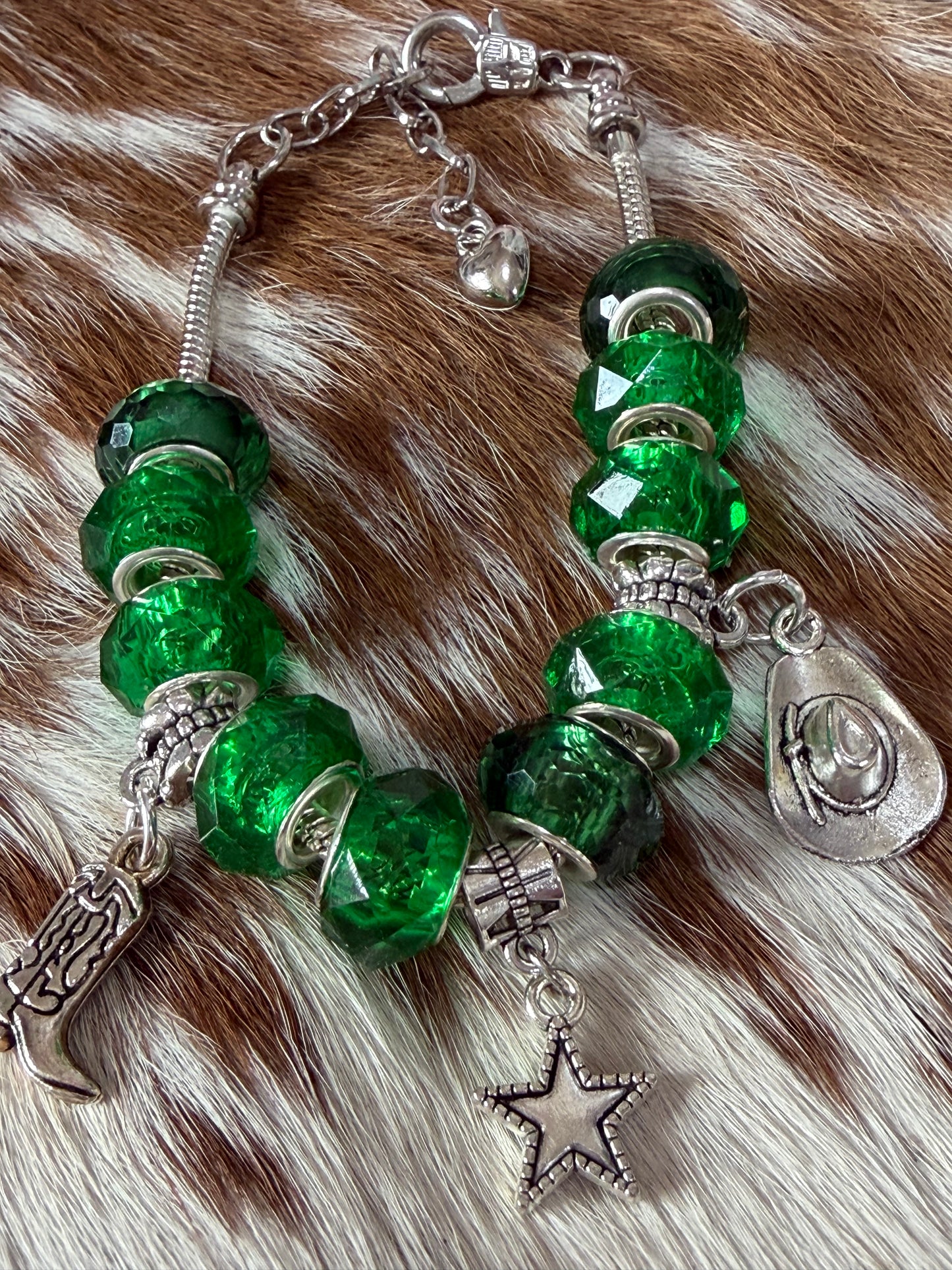 Western 1pc Adjustable Snake Bone Chain Green Beads Cowboy Boot Star Cowboy Hat Bracelet