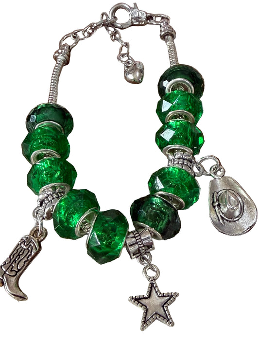 Western 1pc Adjustable Snake Bone Chain Green Beads Cowboy Boot Star Cowboy Hat Bracelet