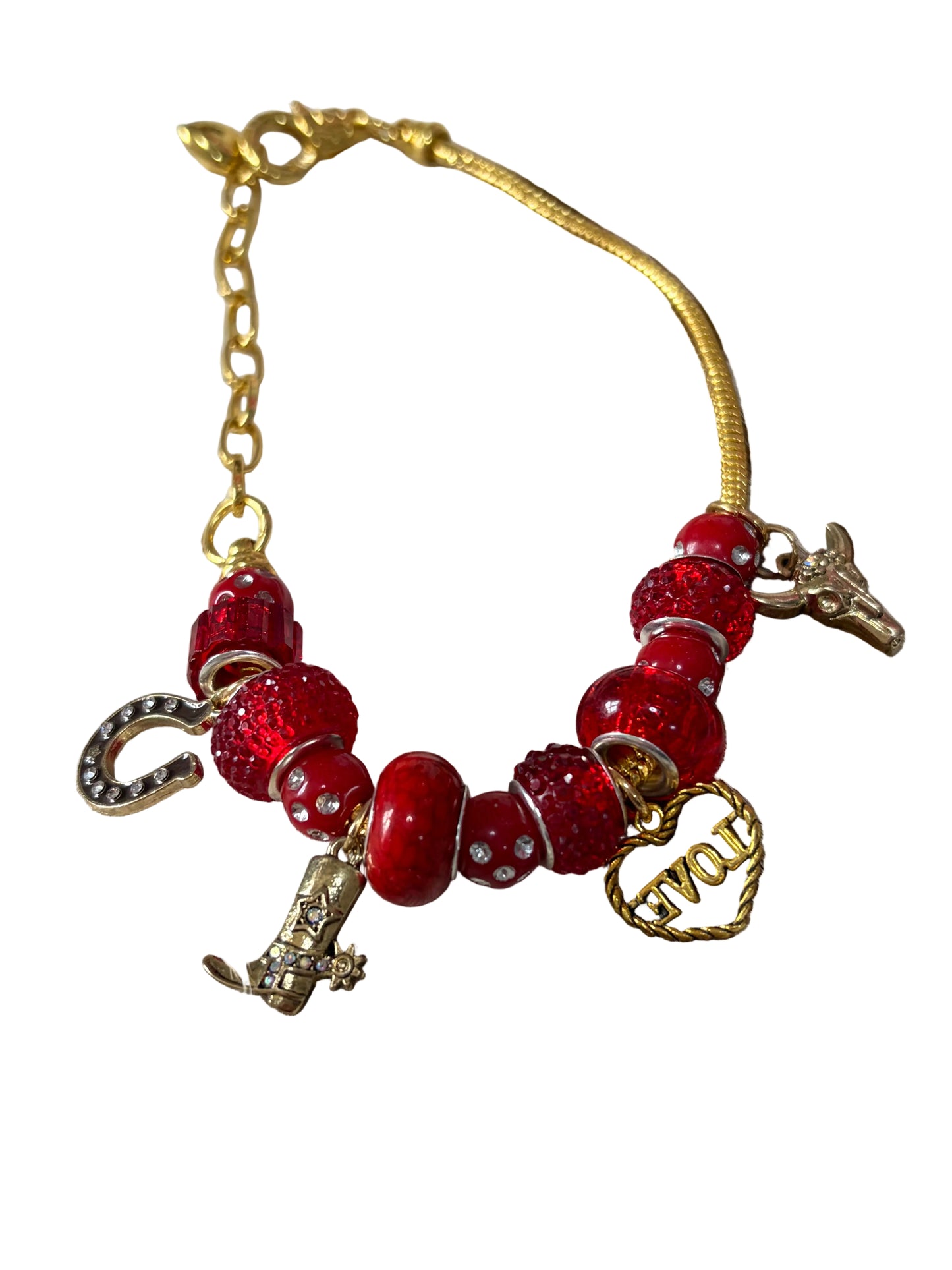 1pc Western Adjustable Snake Bone Chain Red Beads Horseshoe Cowboy Boot Steer Head Love Heartt
