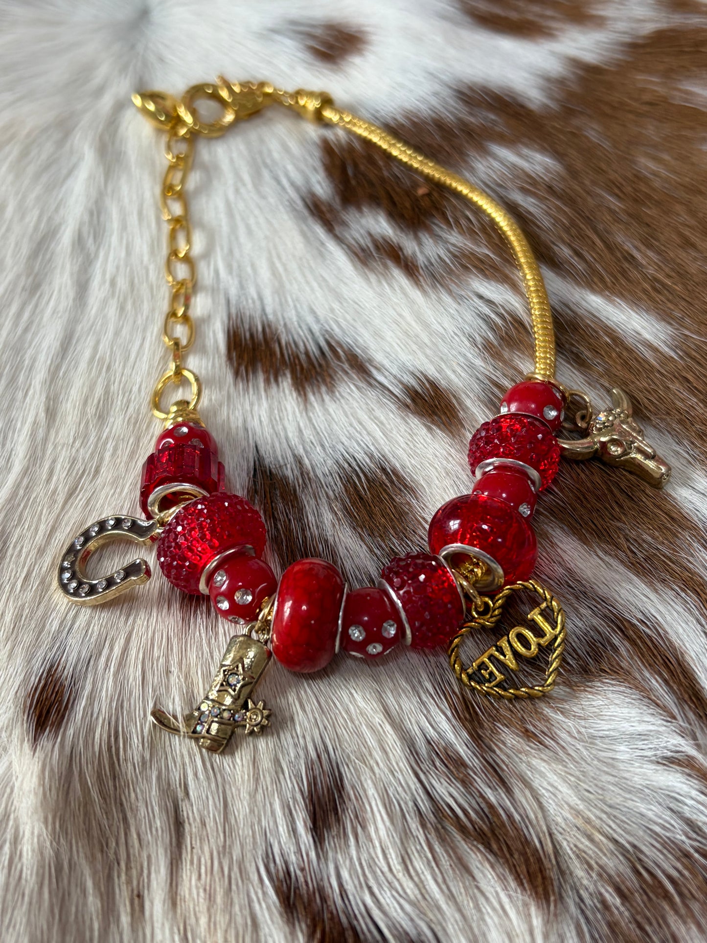 1pc Western Adjustable Snake Bone Chain Red Beads Horseshoe Cowboy Boot Steer Head Love Heartt