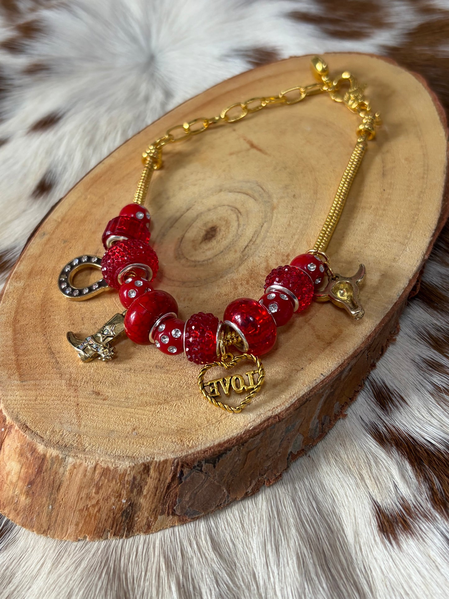 1pc Western Adjustable Snake Bone Chain Red Beads Horseshoe Cowboy Boot Steer Head Love Heartt