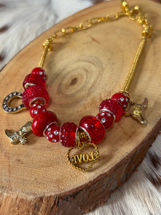 1pc Western Adjustable Snake Bone Chain Red Beads Horseshoe Cowboy Boot Steer Head Love Heartt