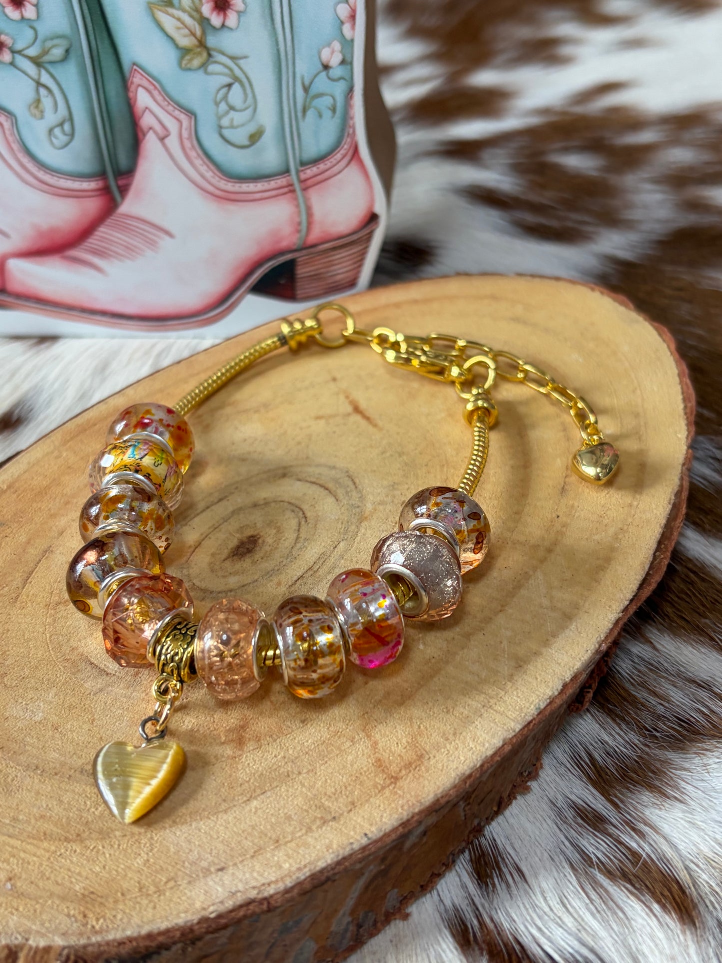 1pc Adjustable Snake Bone Chain Beaded Bracelet Shades Orange Heart Charm