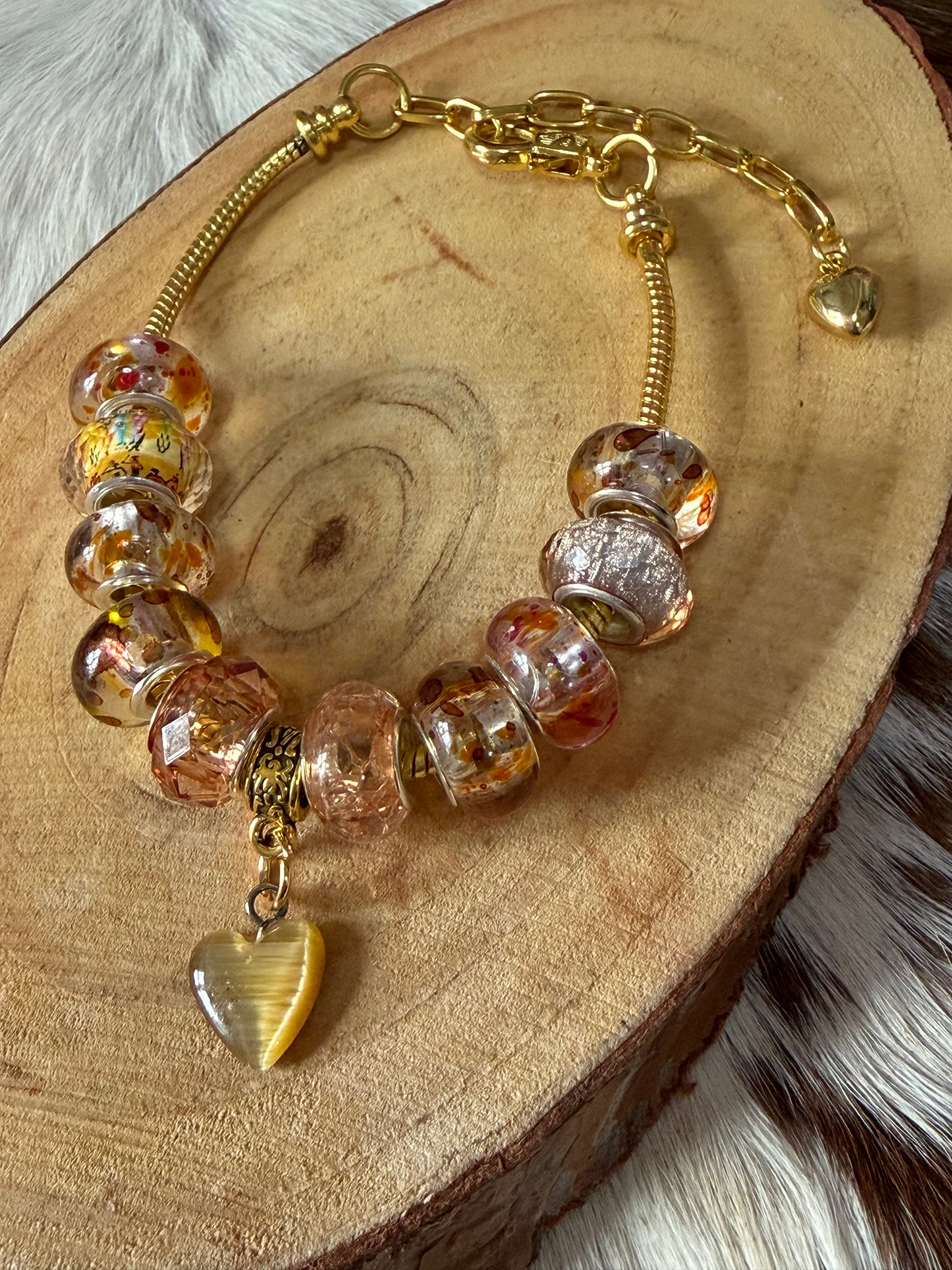 1pc Adjustable Snake Bone Chain Beaded Bracelet Shades Orange Heart Charm