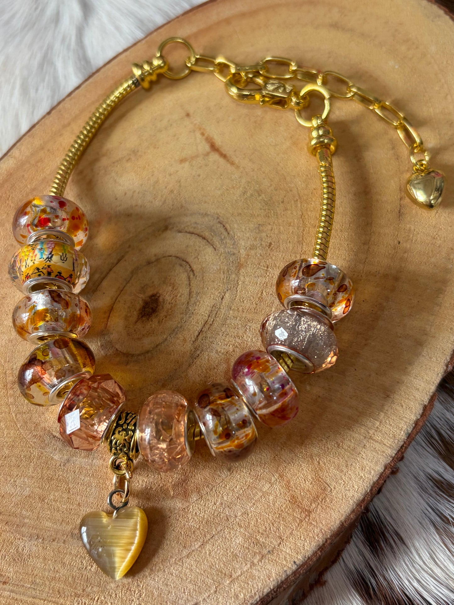 1pc Adjustable Snake Bone Chain Beaded Bracelet Shades Orange Heart Charm