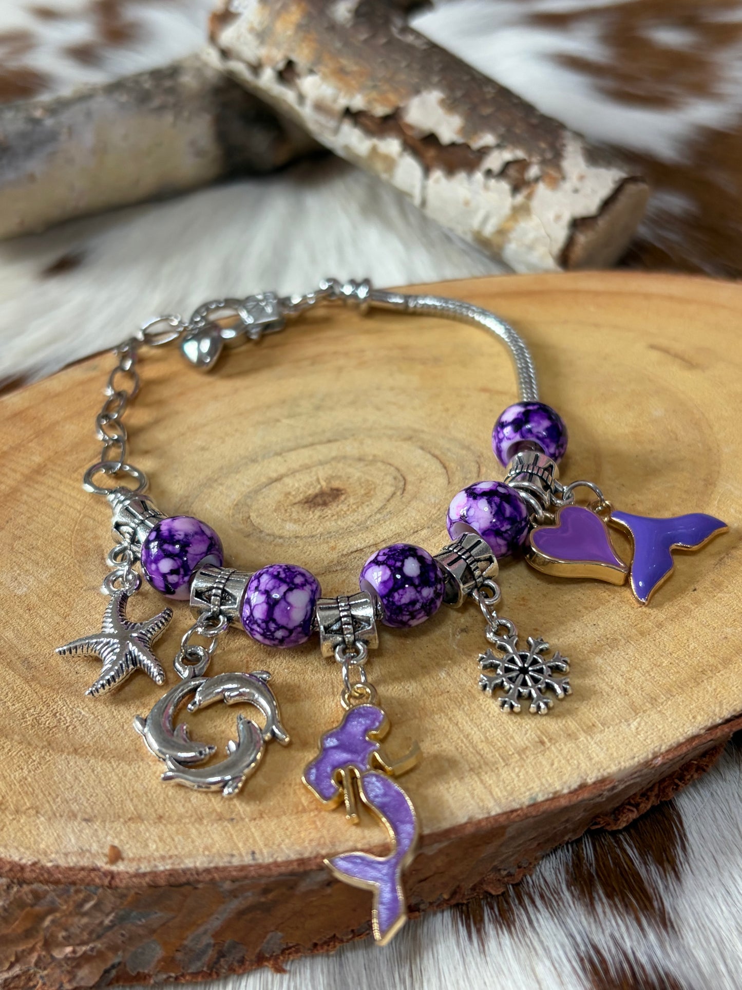 1pc Adjustable Snake Bone Chain Purple Beads Charms Bracelet