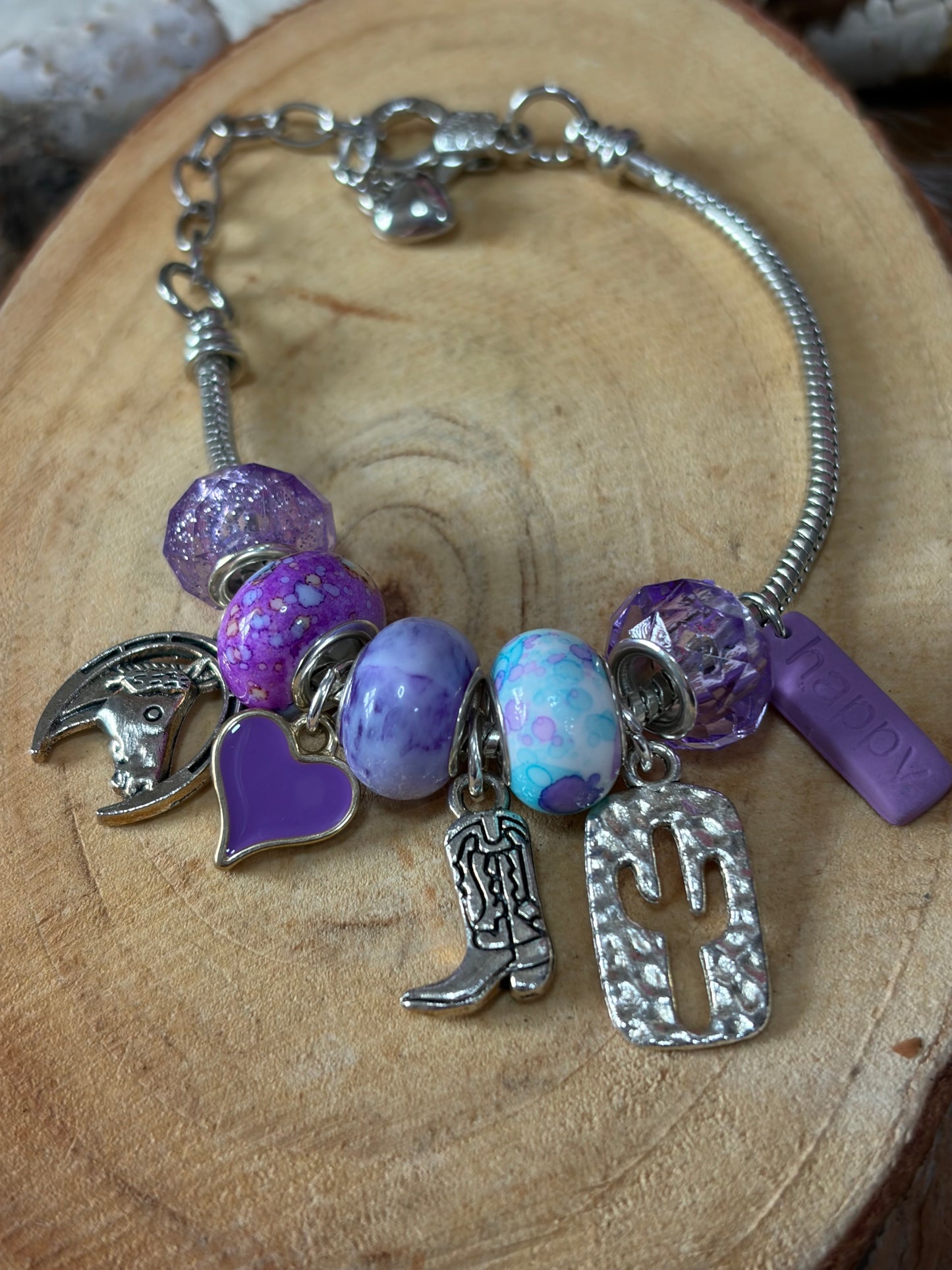 1pc Adjustable Snake Bone Chain Purple Beads Charms Bracelet