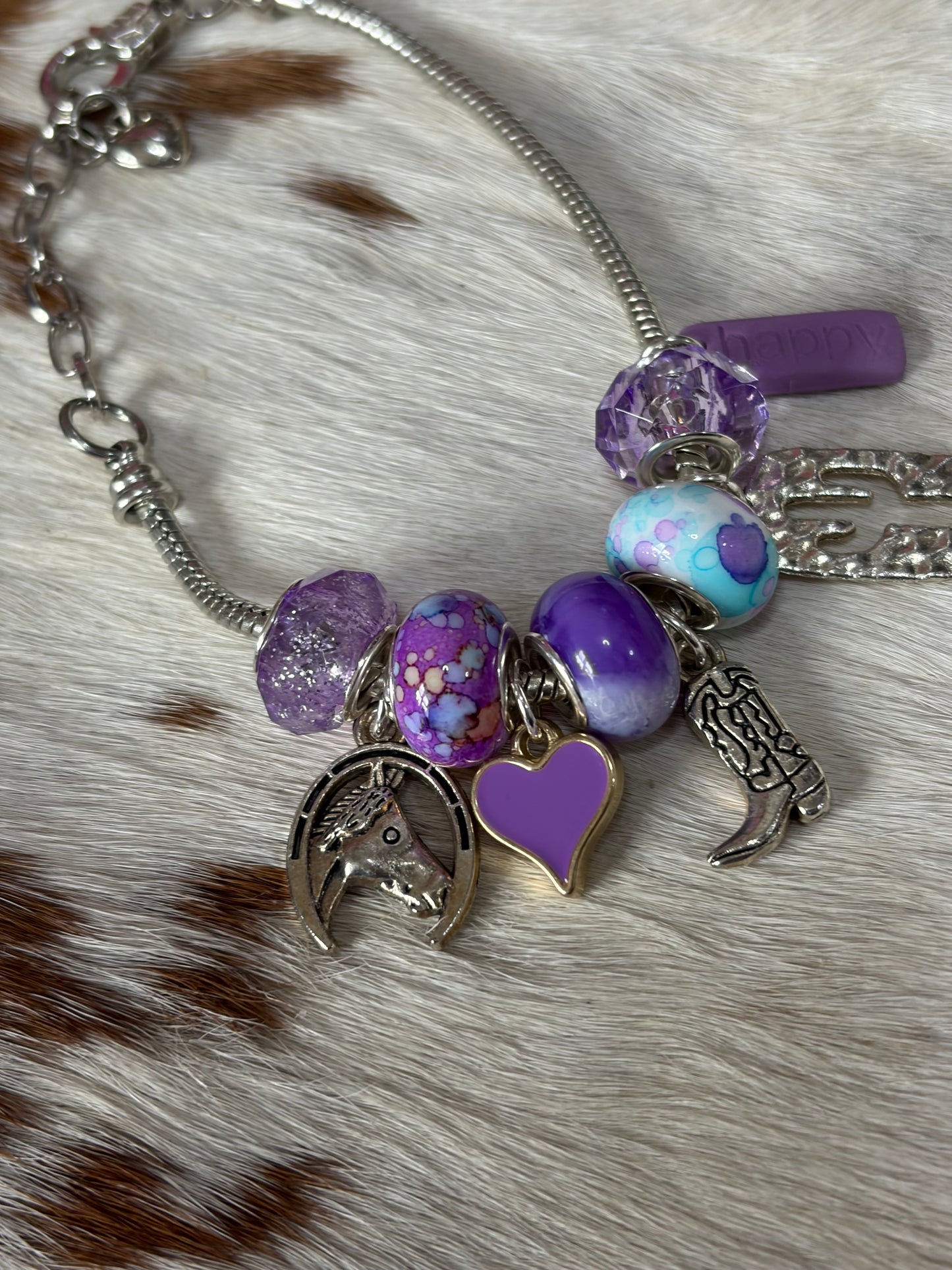 1pc Adjustable Snake Bone Chain Purple Beads Charms Bracelet