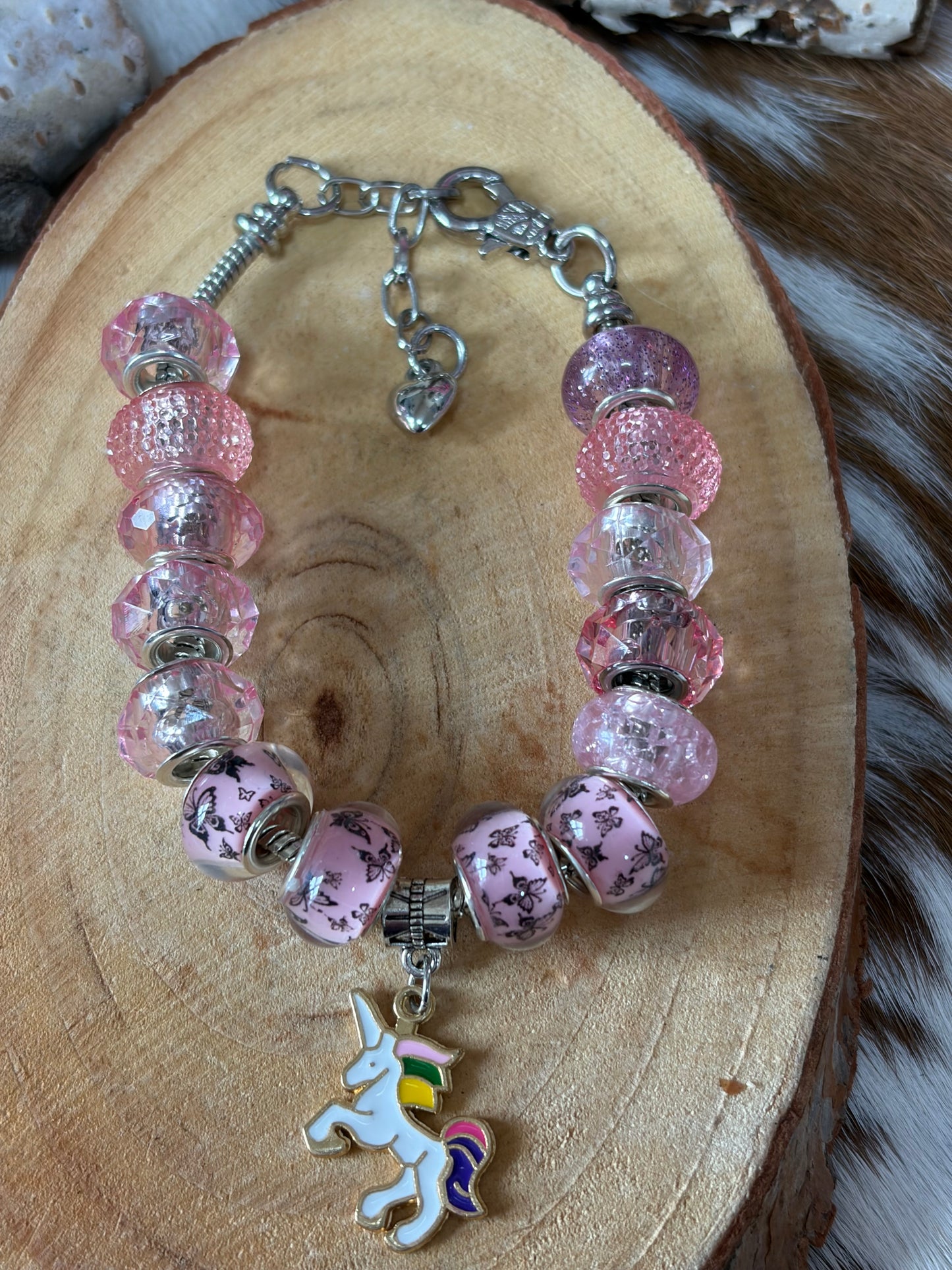 1pc Adjustable Snake Bone Chain Beaded Bracelet Unicorn Charm Pink Beads