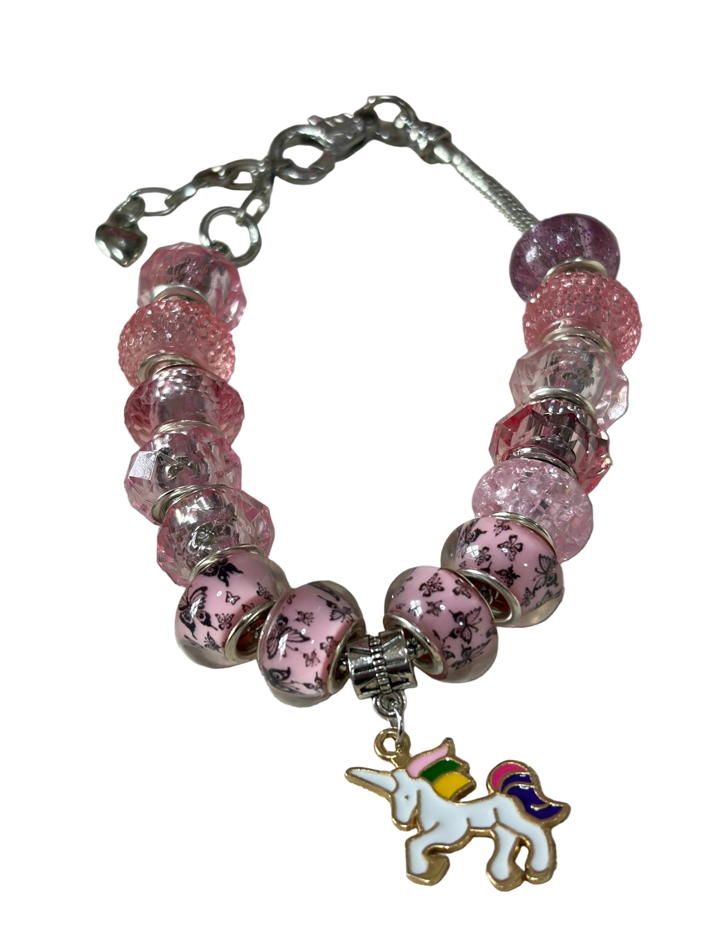 1pc Adjustable Snake Bone Chain Beaded Bracelet Unicorn Charm Pink Beads