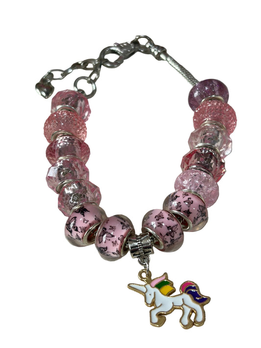 1pc Adjustable Snake Bone Chain Beaded Bracelet Unicorn Charm Pink Beads