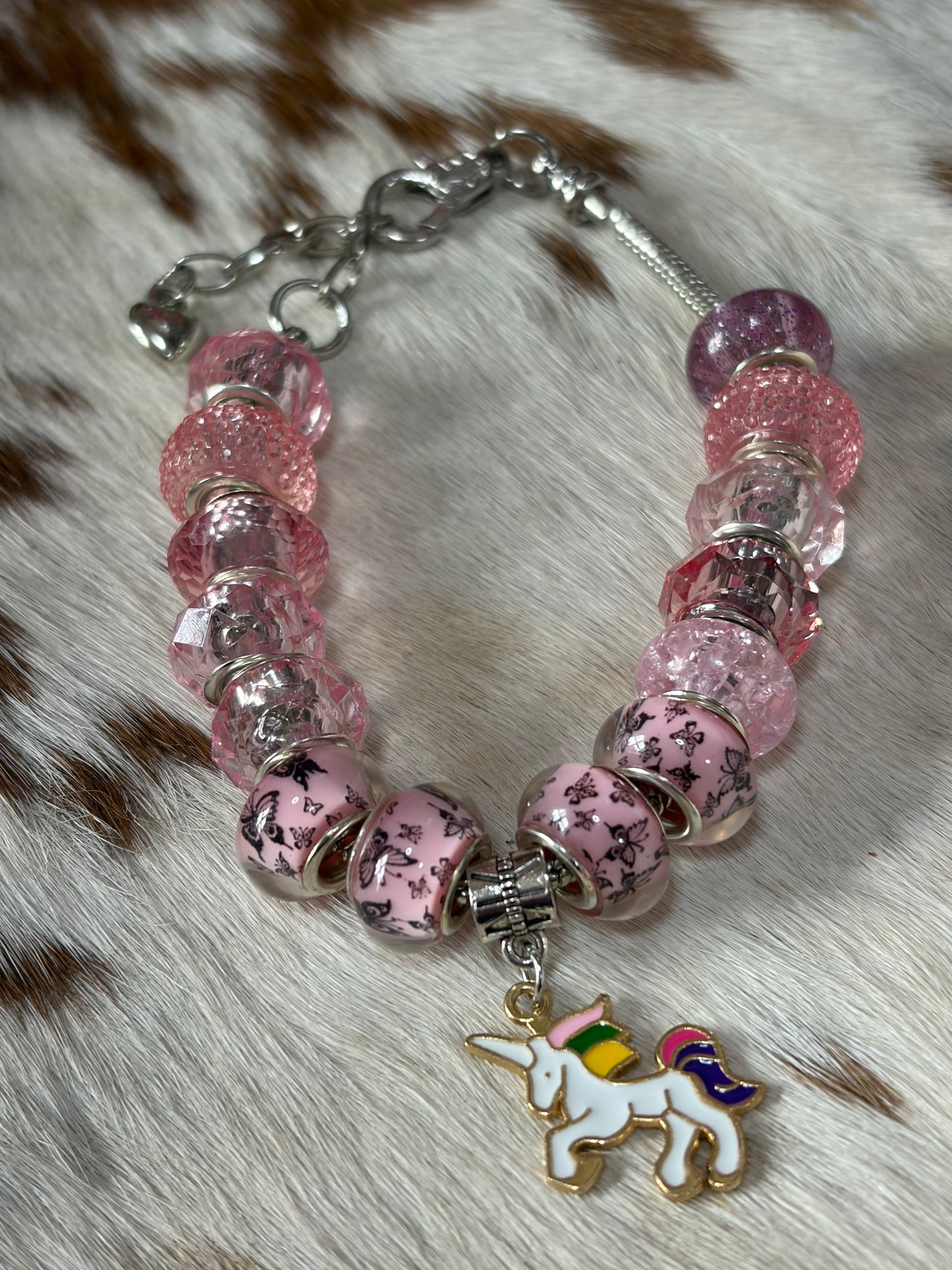 1pc Adjustable Snake Bone Chain Beaded Bracelet Unicorn Charm Pink Beads