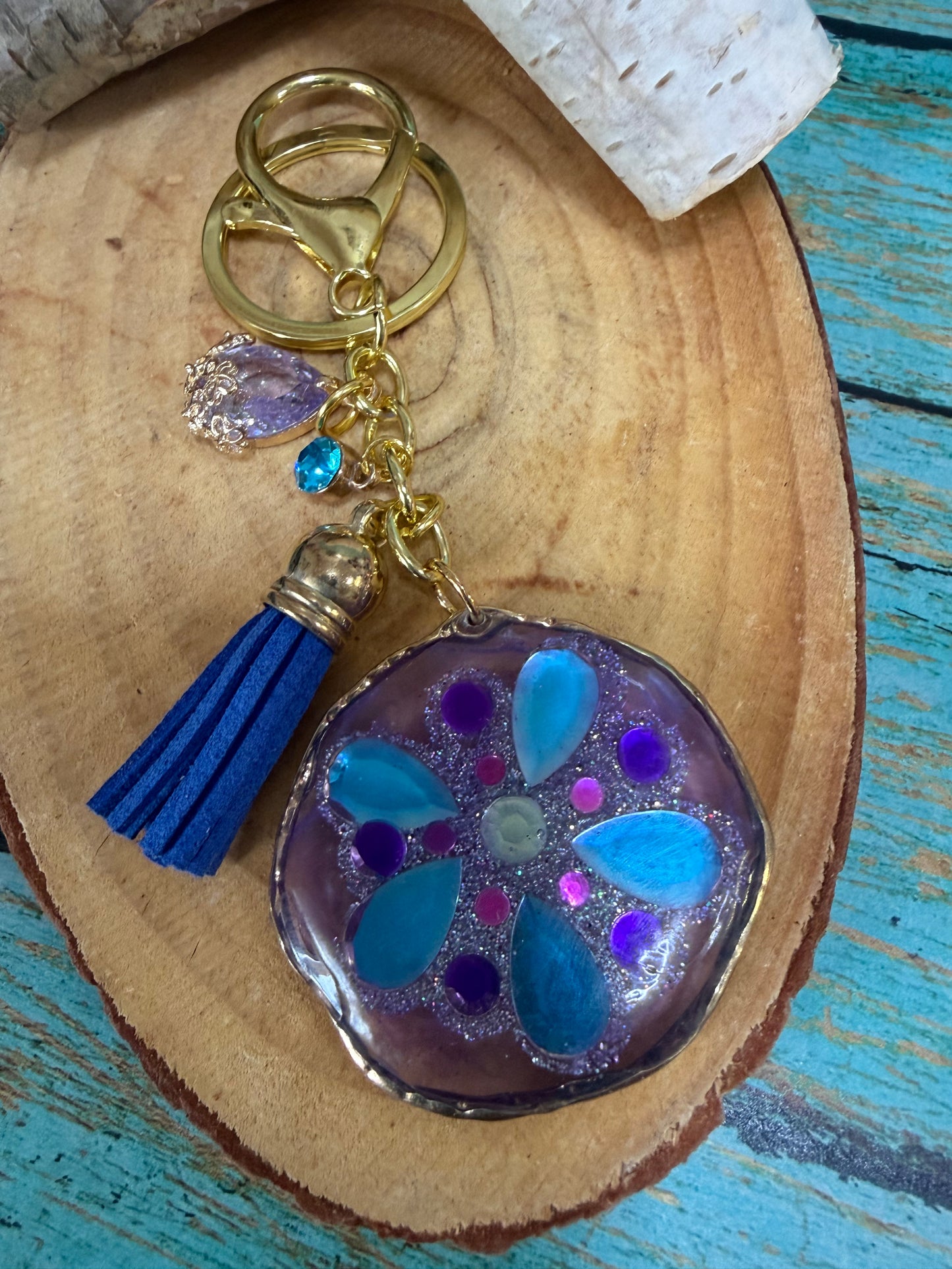 Round Resin Gold Plated Keychain Bagcharm Flower Glitter