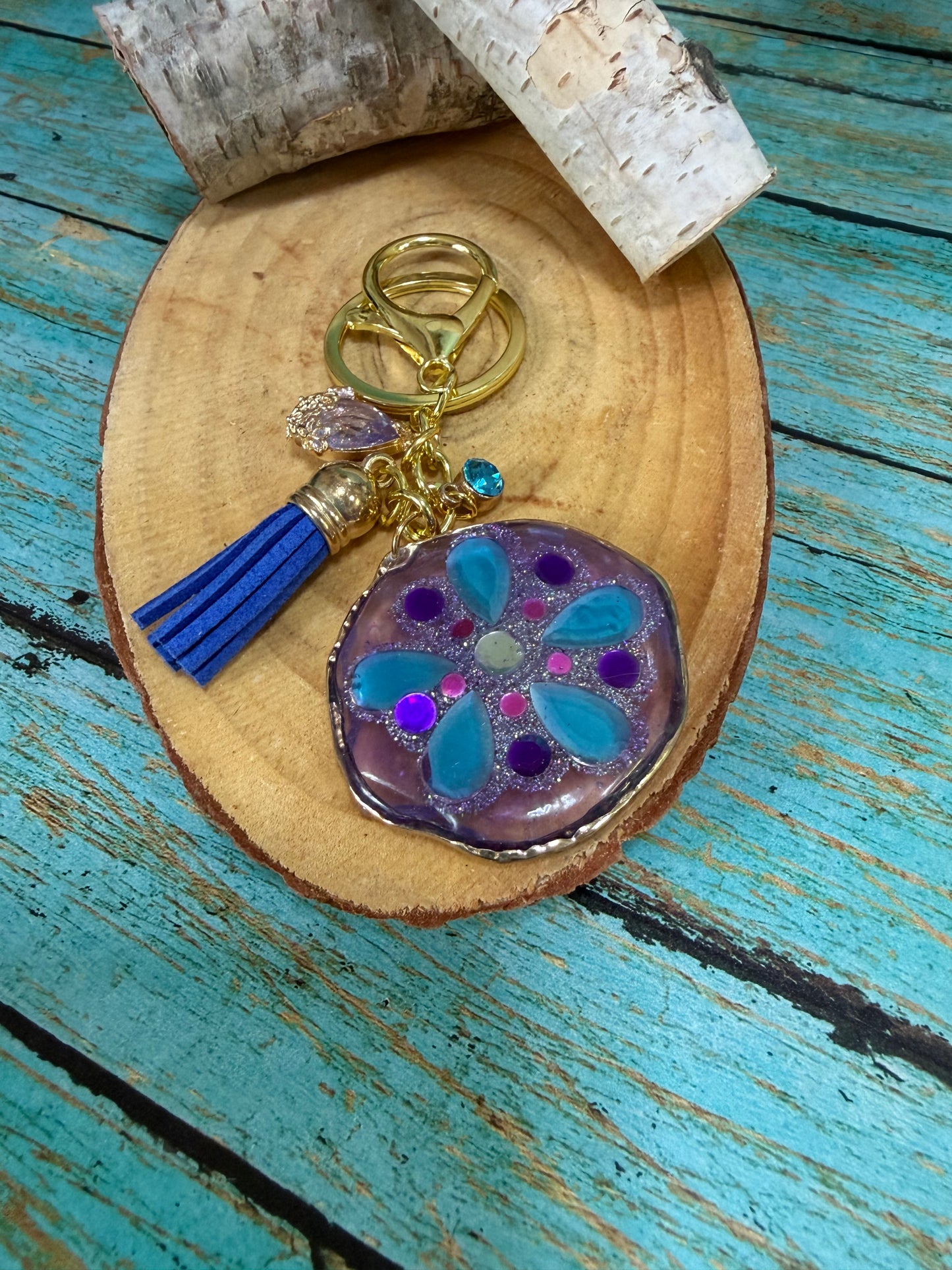 Round Resin Gold Plated Keychain Bagcharm Flower Glitter
