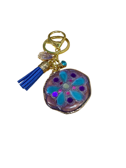 Round Resin Gold Plated Keychain Bagcharm Flower Glitter