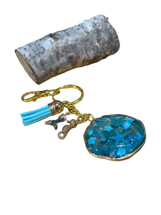 Round Resin Gold Plated Keychain Bag Charm Ocean Scene Starfish  Sea Shells