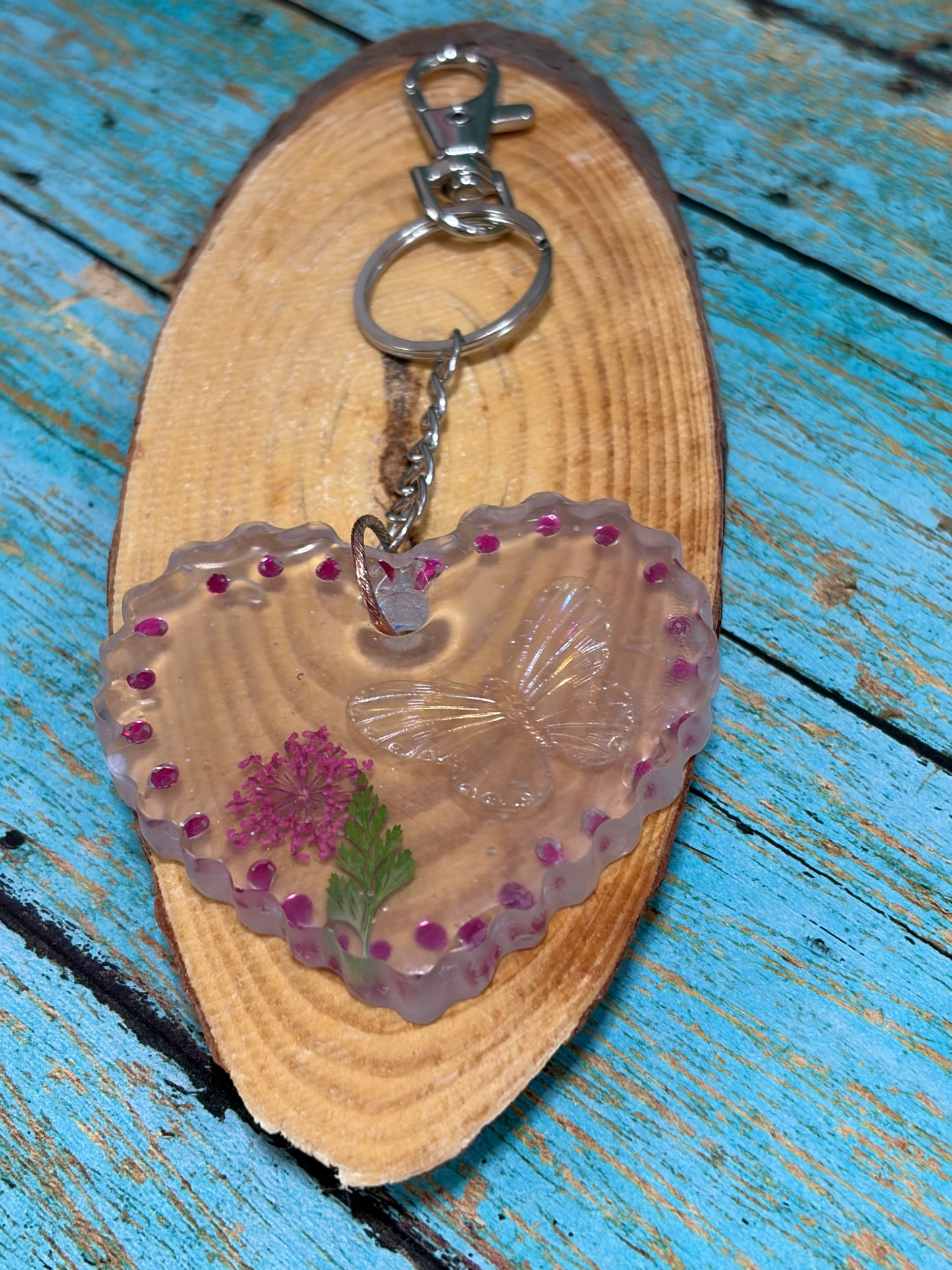 Heart Shape Resin Keychain Bag Charm Butterfly Flower