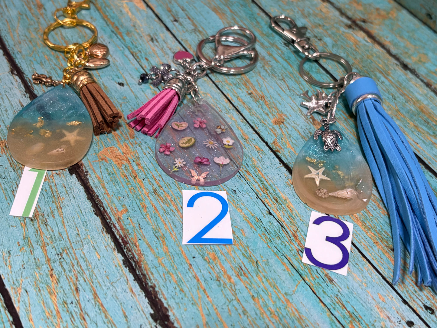 Resin Keychain Bag Charm Ocean Scene Star Fish Sea Shells Flowers Bee