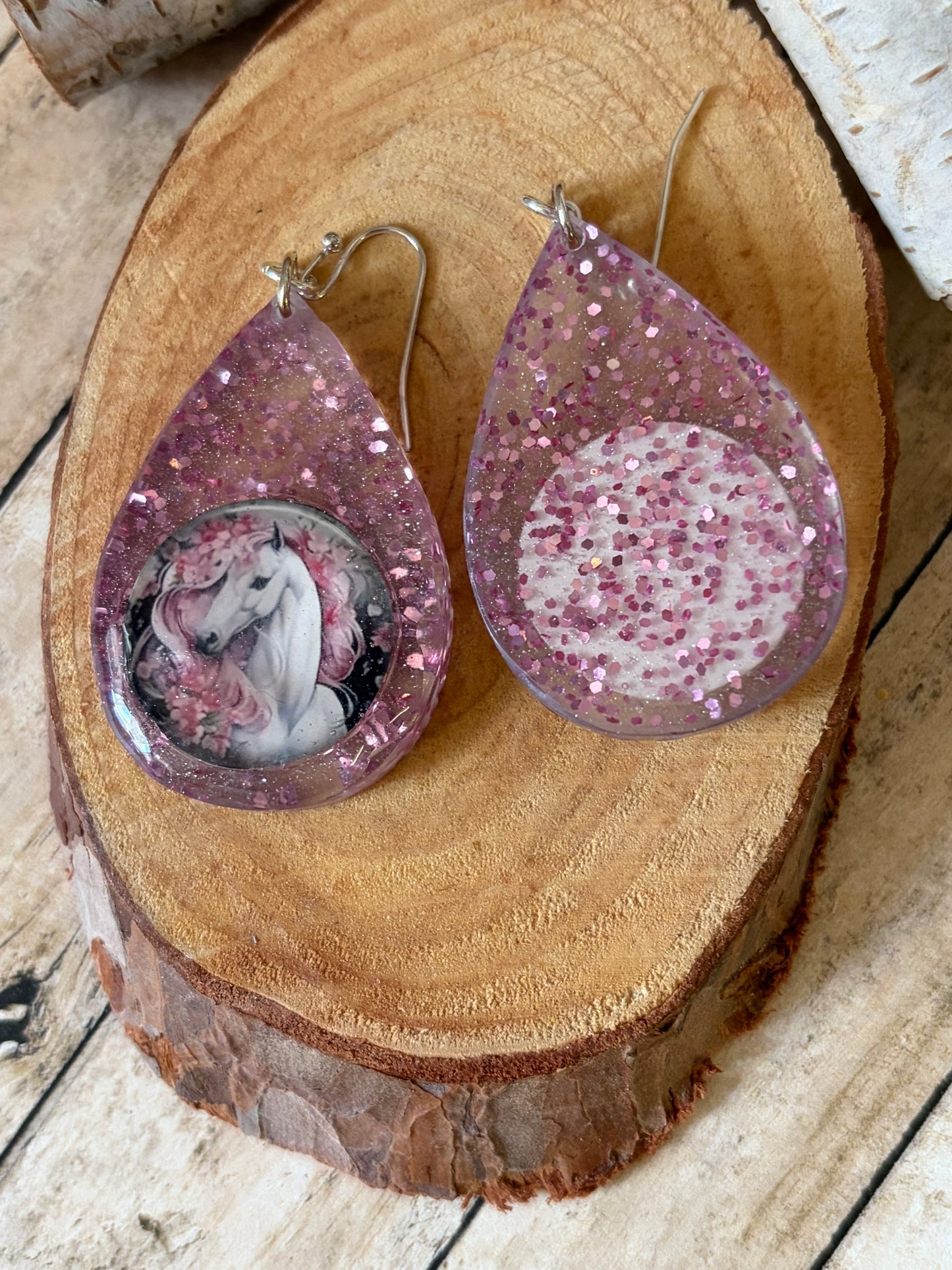 Resin Tear Drop Horse Earring Pink Glitter