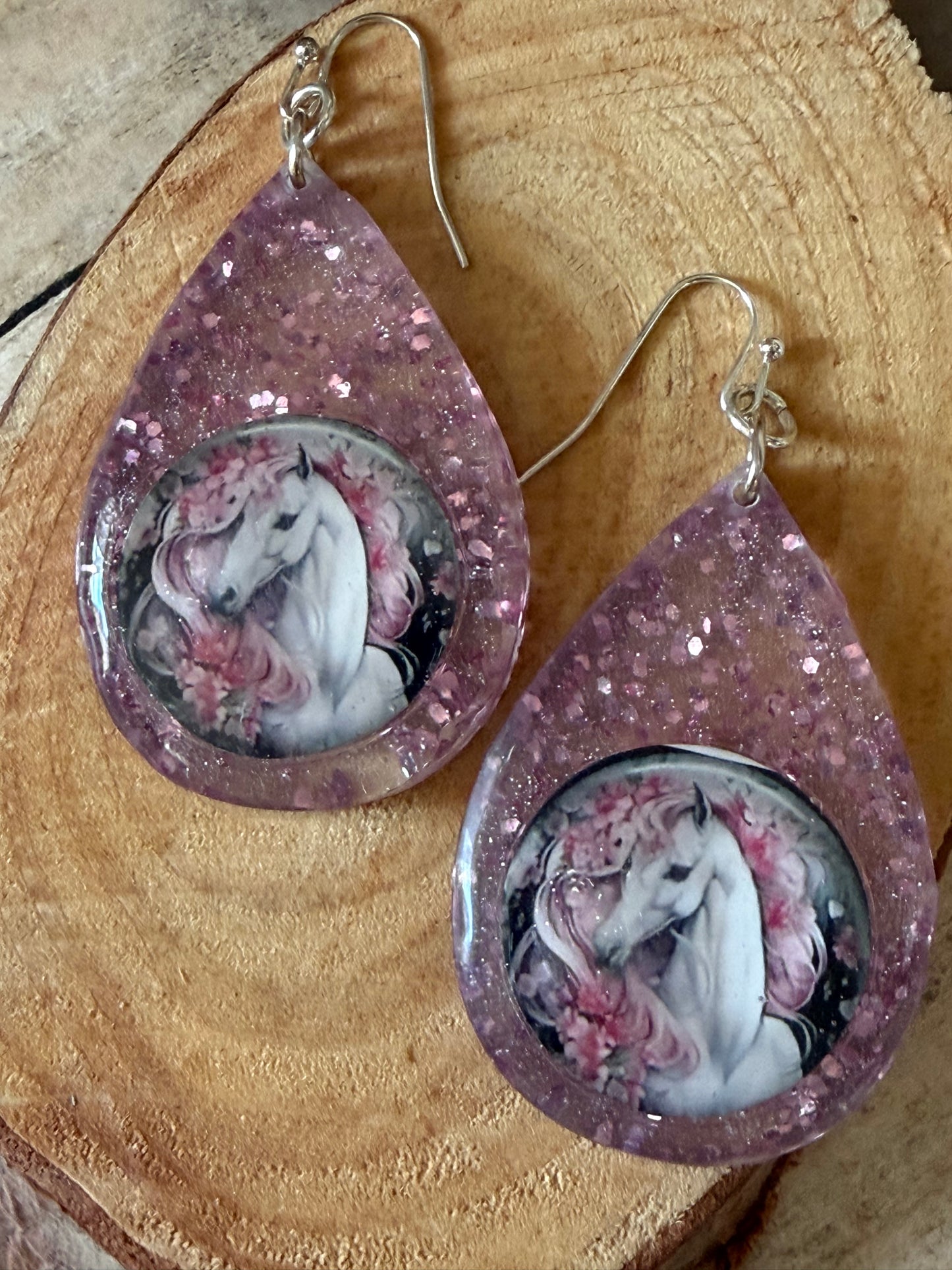 Resin Tear Drop Horse Earring Pink Glitter
