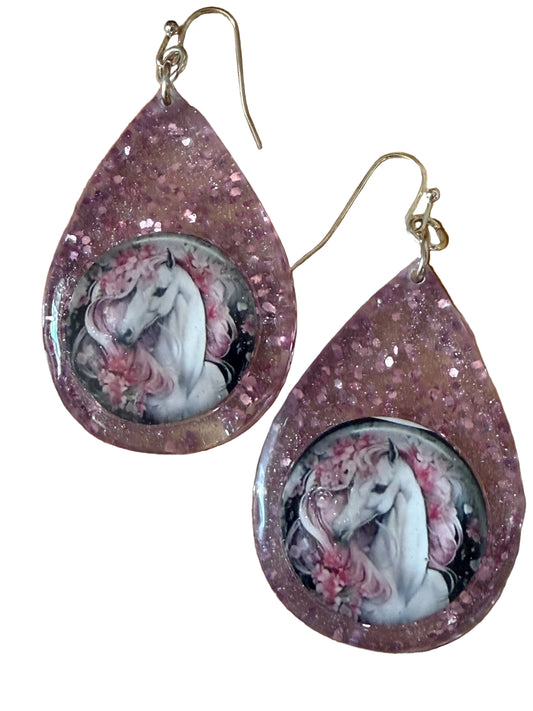 Resin Tear Drop Horse Earring Pink Glitter