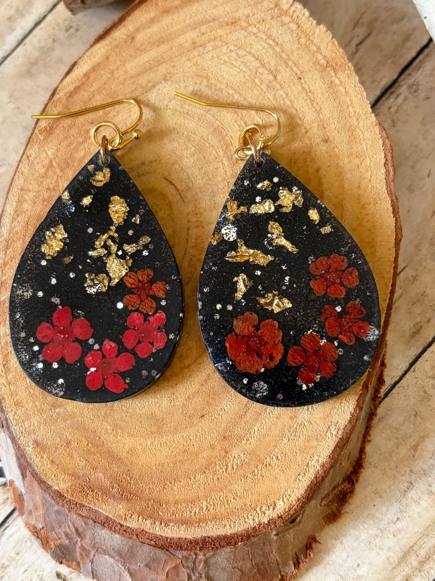 Teardrop Resin Earrings Gold Speckles Red Flowers