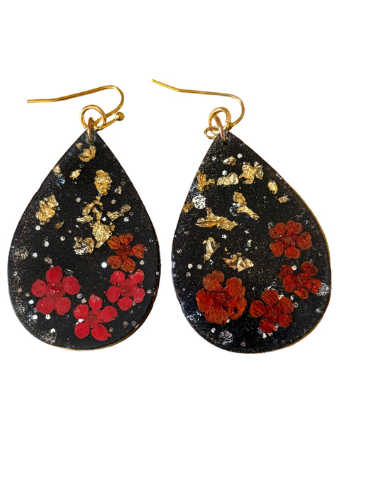 Teardrop Resin Earrings Gold Speckles Red Flowers