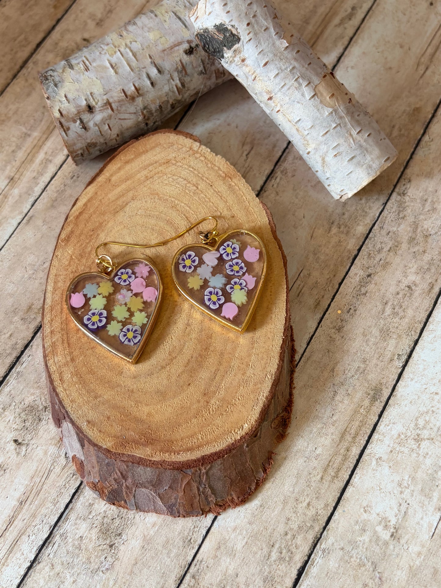 Resin Heart Shape Earrings Gold Trim Flowers