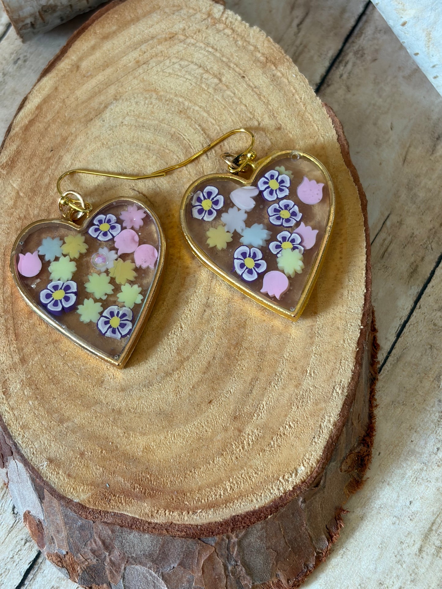 Resin Heart Shape Earrings Gold Trim Flowers