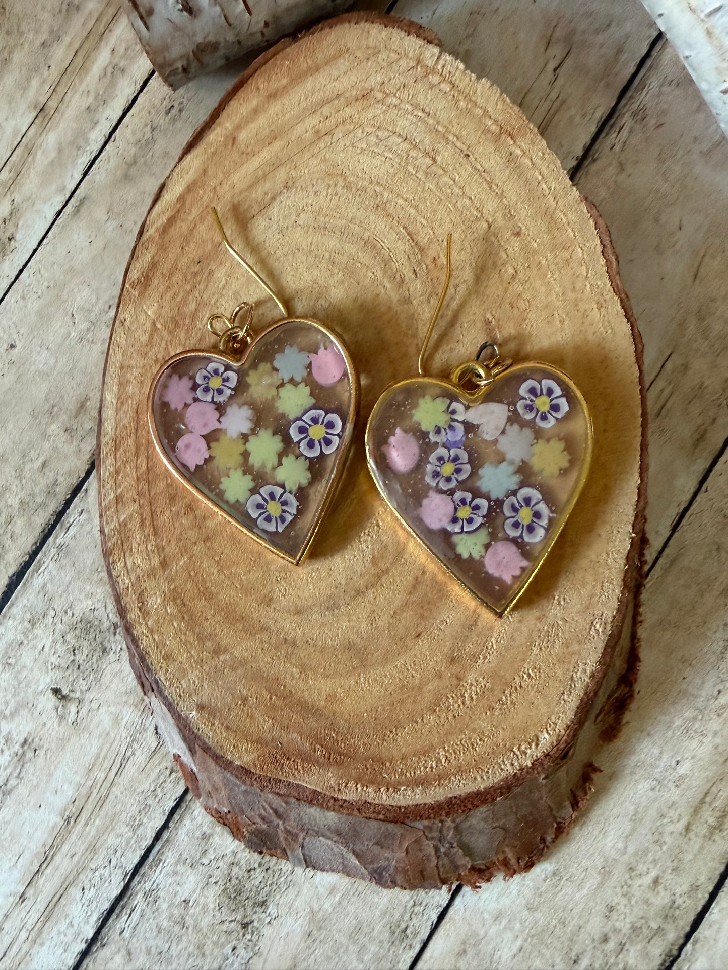 Resin Heart Shape Earrings Gold Trim Flowers