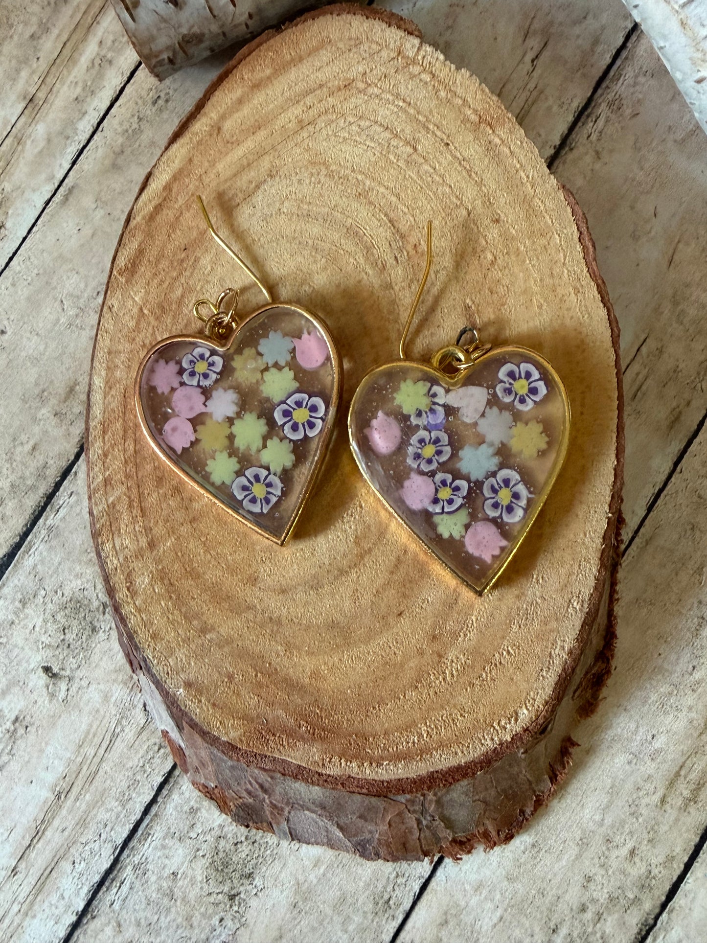 Resin Heart Shape Earrings Gold Trim Flowers